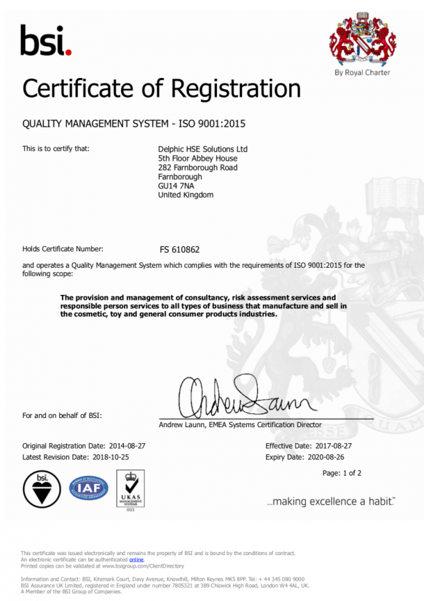 ISO9001 Quality Management System certification Delphic HSE